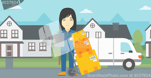 Image of Delivery woman with cardboard boxes.