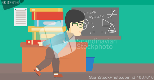 Image of Student with pile of books vector illustration.