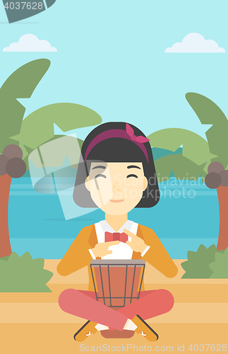 Image of Woman playing ethnic drum vector illustration.