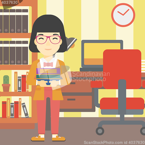 Image of Woman holding pile of books vector illustration.