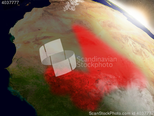 Image of Mali from space highlighted in red