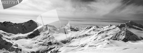 Image of Black and white panorama Caucasus Mountains in snow winter