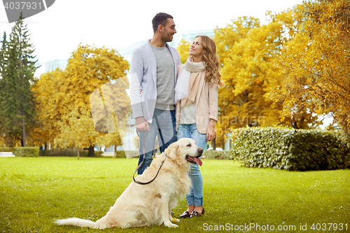 Image of happy couple with labrador dog walking in city