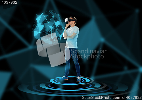 Image of happy man in virtual reality headset or 3d glasses