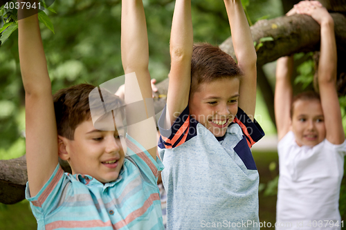 Image of close up of kids hanging on tree in summer park