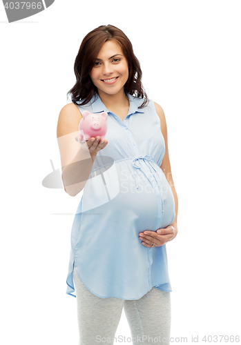 Image of happy pregnant woman with piggybank