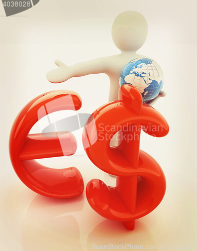 Image of 3d people - man, person presenting - euro and dollar with global