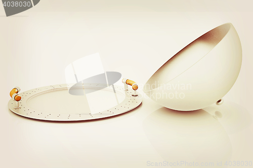 Image of restaurant cloche with open lid . 3D illustration. Vintage style