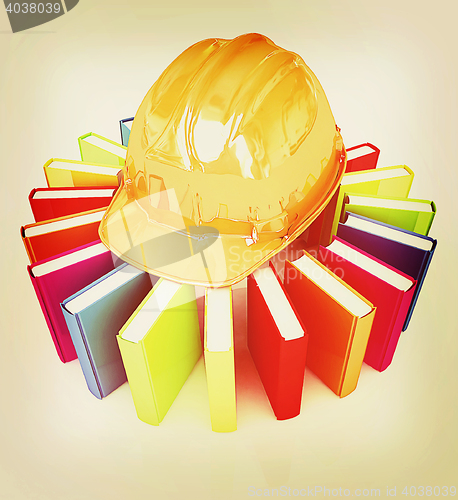 Image of Colorful books and hard hat . 3D illustration. Vintage style.