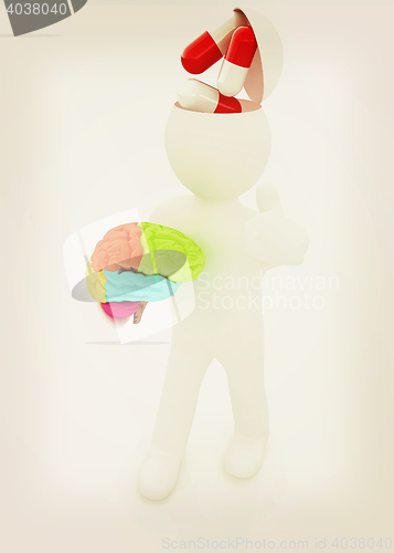 Image of 3d people - man with half head, brain and trumb up. Medical conc