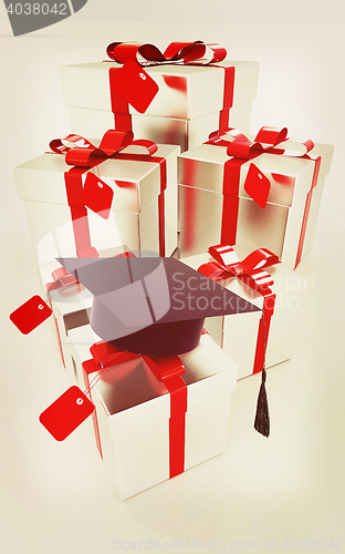Image of graduation hat and gifts on a white background . 3D illustration