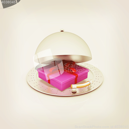 Image of Illustration of a luxury gift on restaurant cloche. 3D illustrat