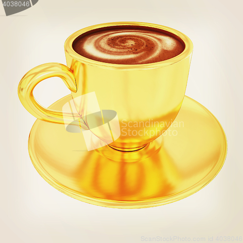 Image of Gold coffee cup on saucer on a white background . 3D illustratio