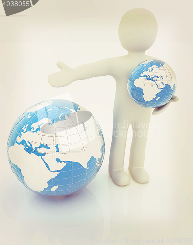 Image of 3d people - man, person presenting - pointing. Global concept wi