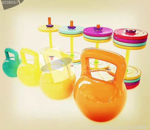 Image of Colorful weights and dumbbells . 3D illustration. Vintage style.