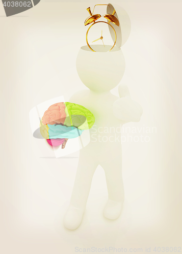 Image of 3d people - man with half head, brain and trumb up. Time concept