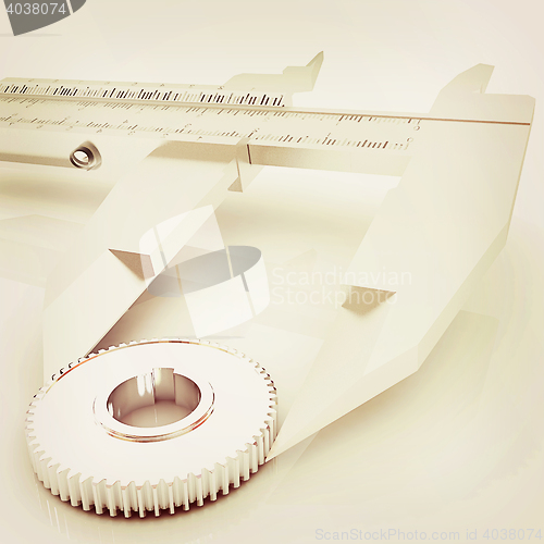 Image of Vernier caliper measures the cogwheel . 3D illustration. Vintage