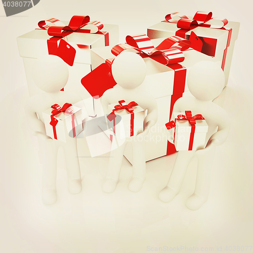 Image of 3d mans and gifts with red ribbon. 3D illustration. Vintage styl