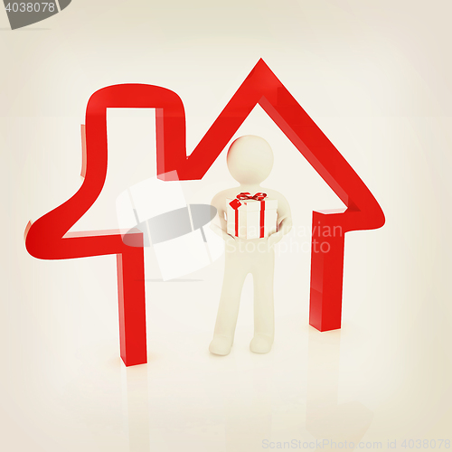 Image of Presentation of new house. 3d man holds the gift, and is within 