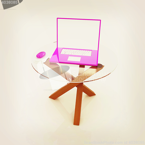 Image of pink laptop on an exclusive table. 3D illustration. Vintage styl