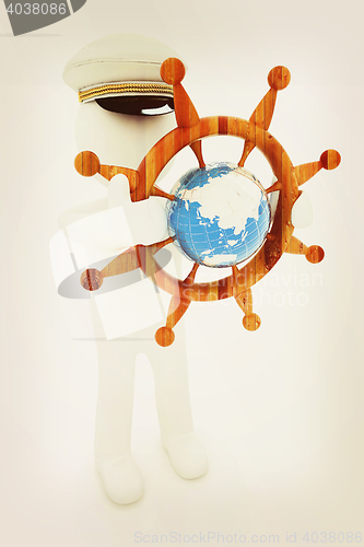 Image of Sailor with wood steering wheel and earth. Trip around the world