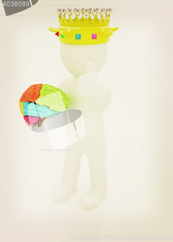 Image of 3d people - man, person with a golden crown. King with brain. 3D