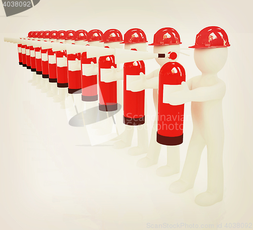 Image of 3d mans in hardhat with red fire extinguisher . 3D illustration.