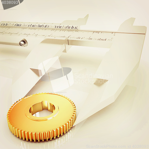 Image of Vernier caliper measures the cogwheel . 3D illustration. Vintage