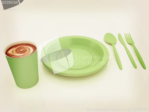 Image of Fast-food disposable tableware. 3D illustration. Vintage style.