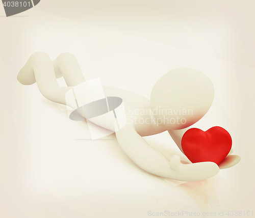 Image of 3D human lying and holds heart. 3D illustration. Vintage style.