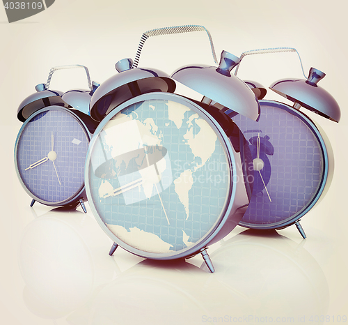 Image of Alarm clock of world map and alarm clocks. 3D illustration. Vint