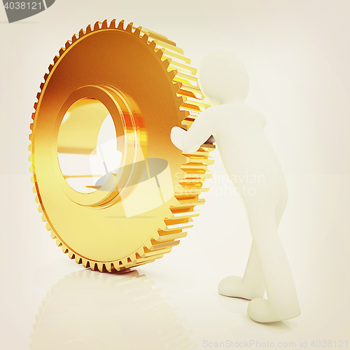 Image of Gold gear set with 3d man . 3D illustration. Vintage style.
