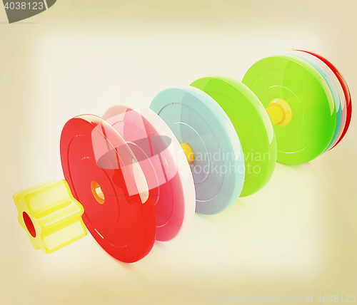 Image of Colorful dumbbells are assembly and disassembly on a white backg