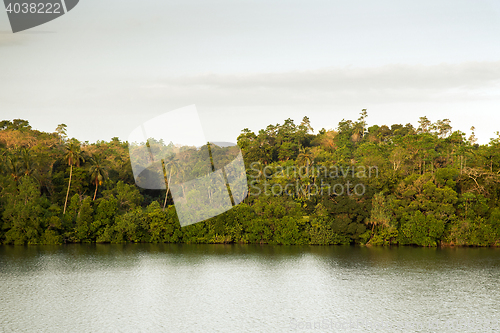 Image of view to lake or river from land hills on Sri Lanka