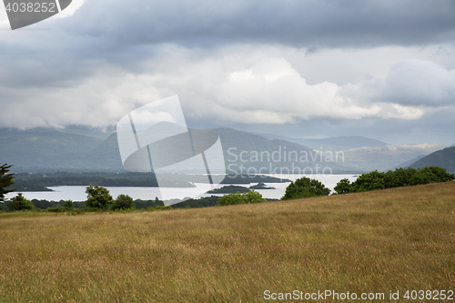 Image of view to lake and hills at connemara in ireland