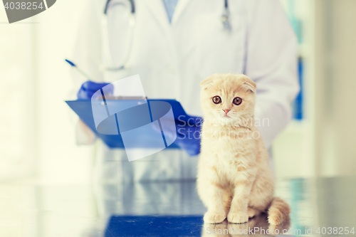 Image of close up of vet with clipboard and cat at clinic