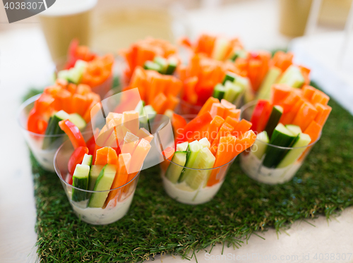 Image of close up of vegetable snacks on table decoration