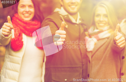 Image of happy friends showing thumbs up in autumn park