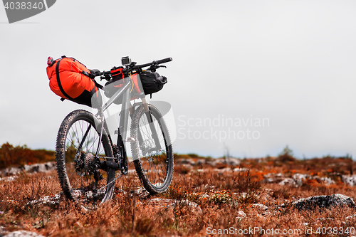 Image of Bicycle with orange bags for travel