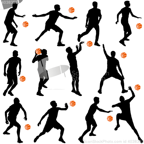 Image of Black silhouettes of men playing basketball on a white backgroun