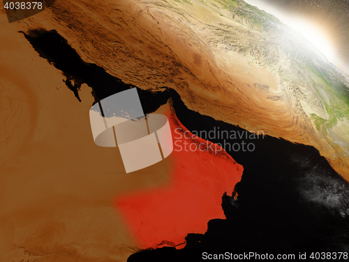 Image of Oman from space highlighted in red