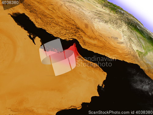 Image of United Arab Emirates from space highlighted in red