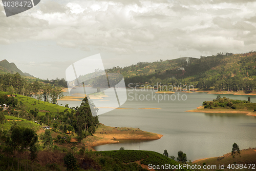 Image of view to lake or river from land hills on Sri Lanka