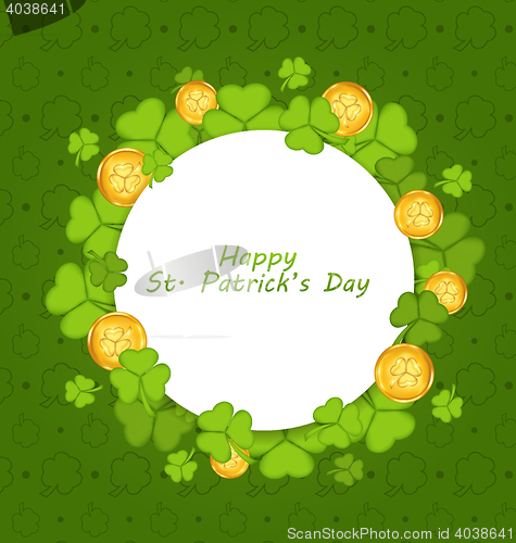 Image of celebration card with shamrocks and golden coins for St. Patrick