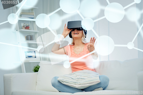 Image of woman in virtual reality headset or 3d glasses