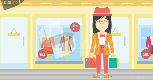 Image of Happy woman with bags vector illustration.