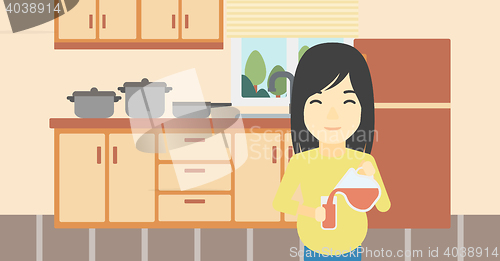 Image of Pregnant woman pouring juice.