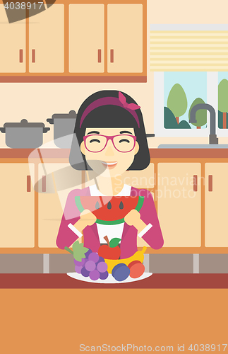 Image of Woman eating watermelon vector illustration.