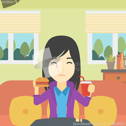 Image of Woman eating hamburger vector illustration.