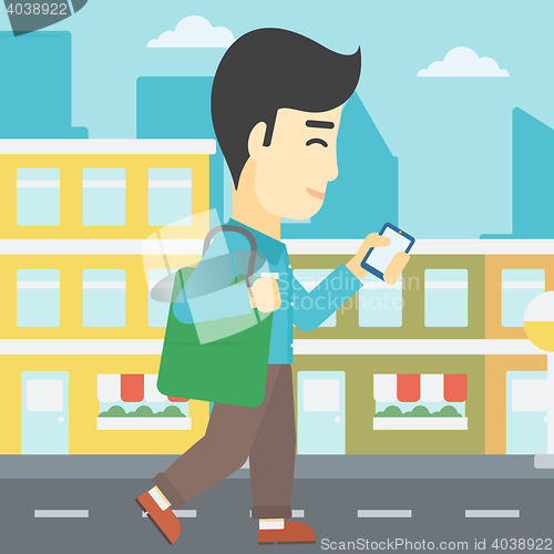 Image of Man walking with smartphone vector illustration.